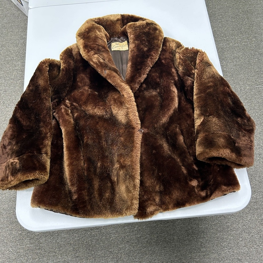 Cameo Furs Faux Fur Jacket Womens L Brown Vintage Shawl Collar Cropped Coat